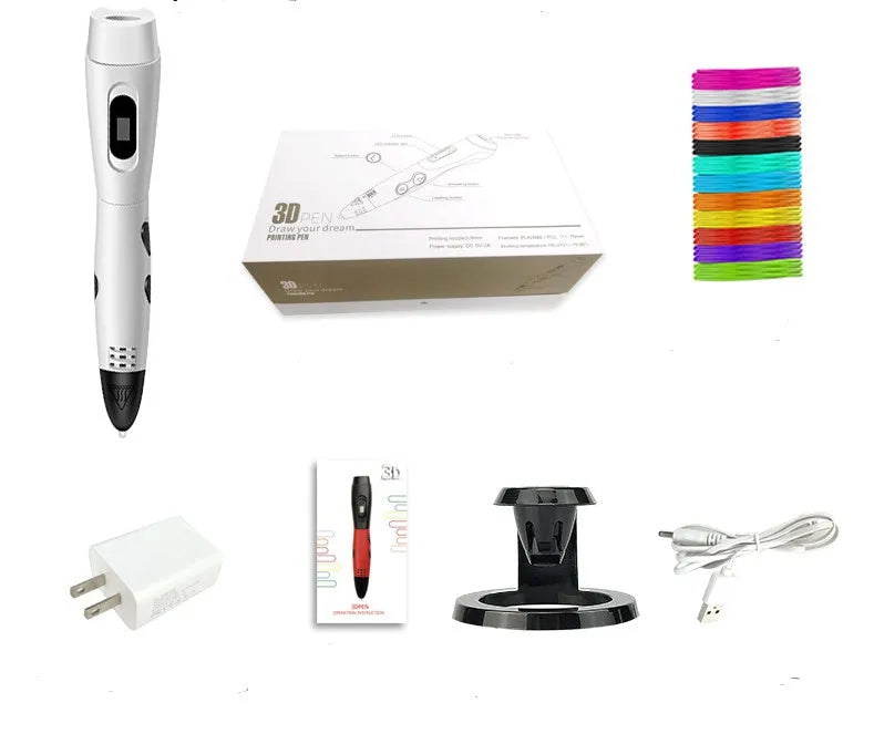 White 3D printing pen with ABS body, USB cable, and PLA consumables in gift box
