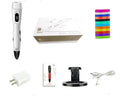 White 3D printing pen with ABS body, USB cable, and PLA consumables in gift box