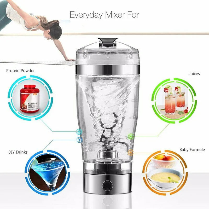 Electric protein shake stirrer with USB rechargeable base, 450ml clear cup, and 304 stainless steel bottleneck ring