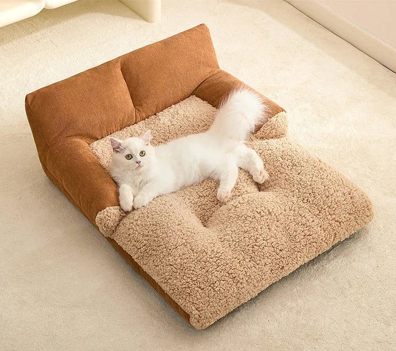 Grey and beige four-season dog kennel cushion mat shown in small, medium, and large sizes for pets.