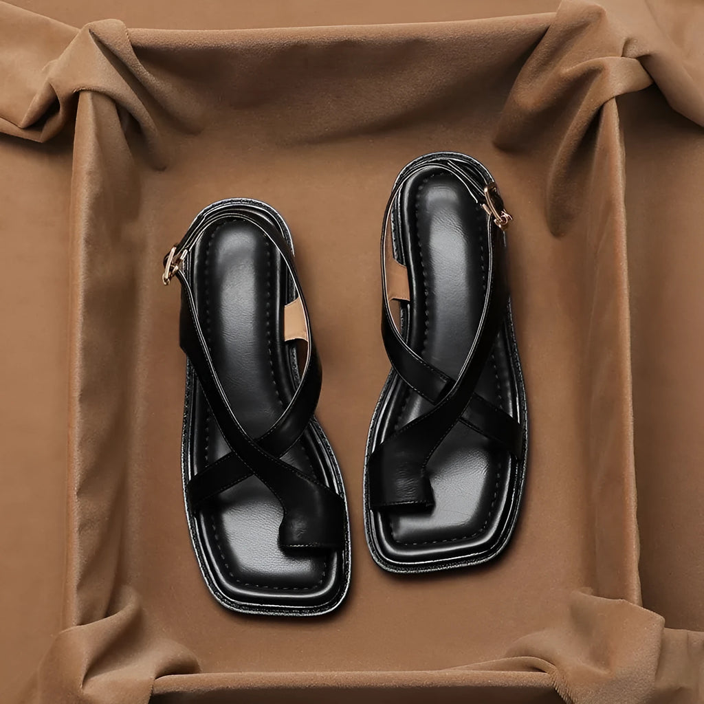 French retro brown toe ring sandals with ankle-strap buckle and square toe
