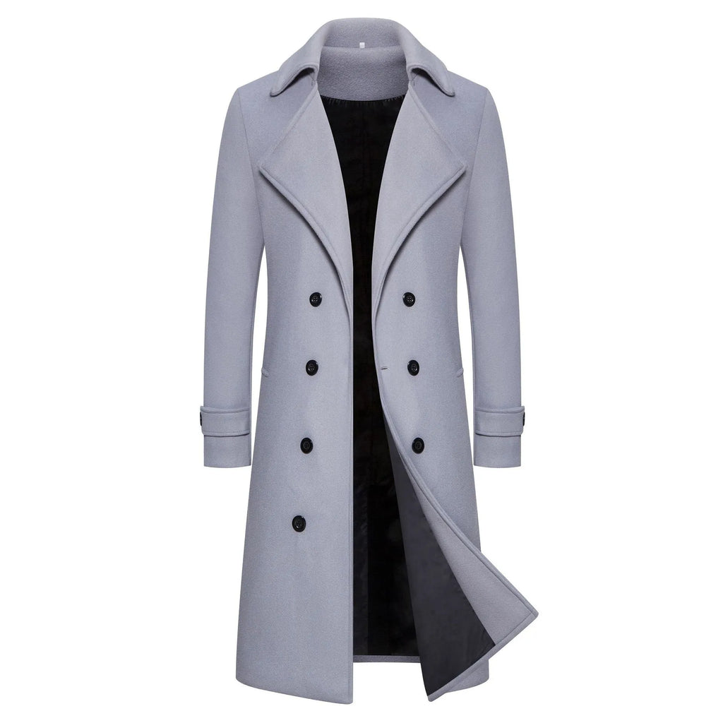 Men's long double breasted trench coat in khaki with side seam pockets, slim fit, cotton blend, sizes M to 5XL