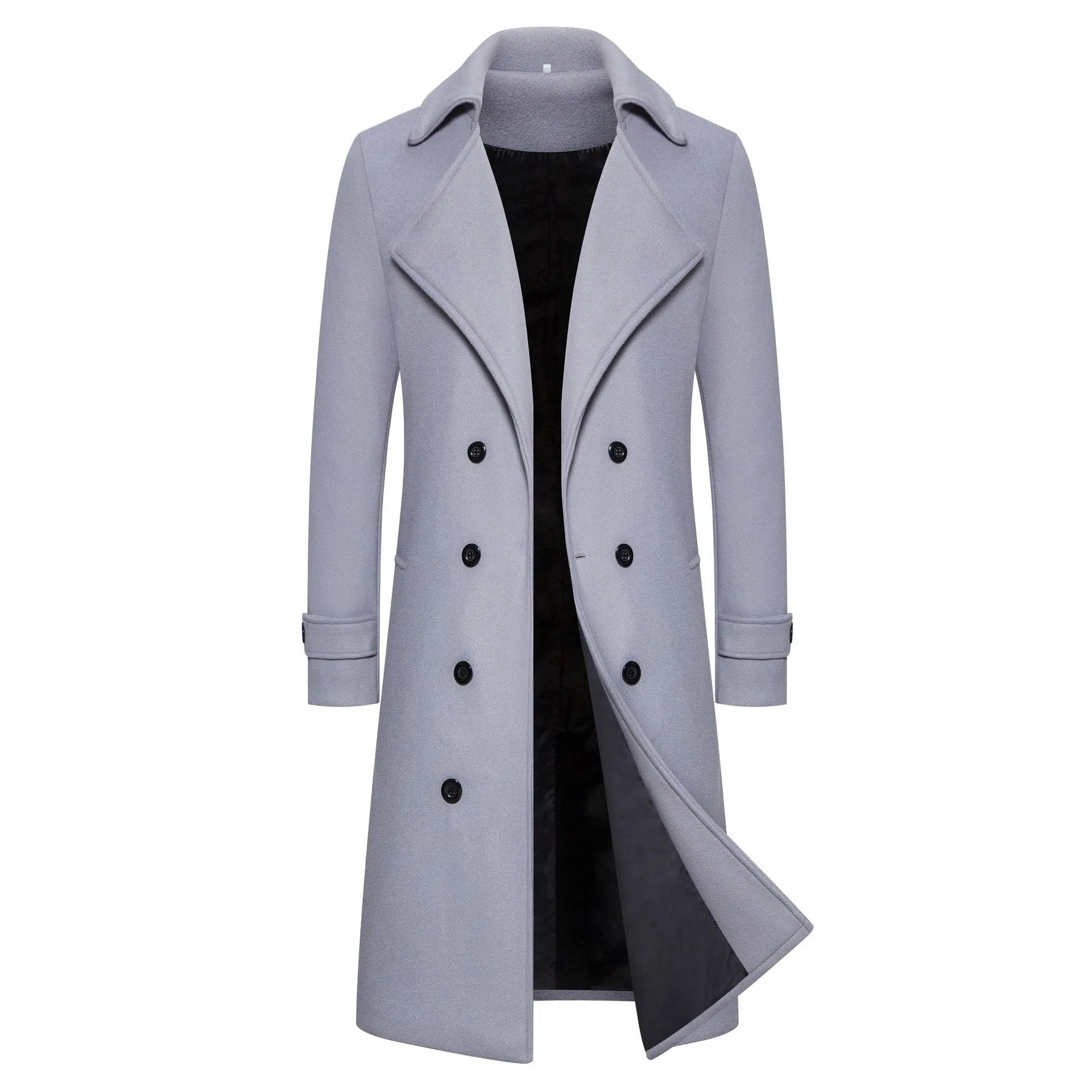 Men's long double breasted trench coat in khaki with side seam pockets, slim fit, cotton blend, sizes M to 5XL
