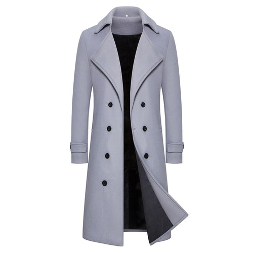 Men's long double breasted trench coat in khaki with side seam pockets, slim fit, cotton blend, sizes M to 5XL