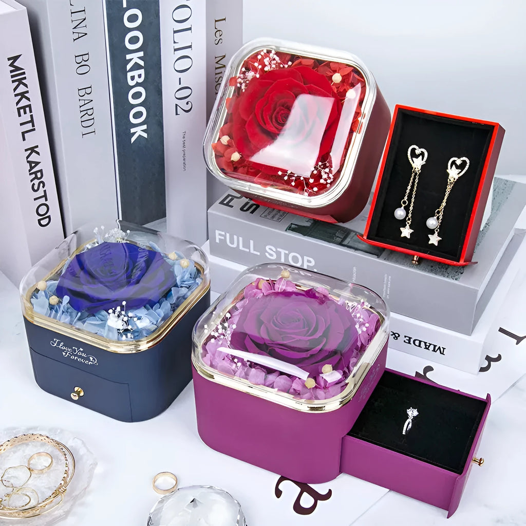 Valentine's Day rose flower drawer jewellery box with preserved real rose and matching love crystal necklace