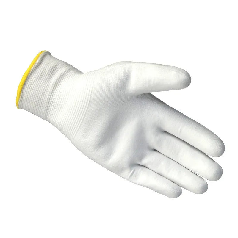 Pack of 10 white PU coated labour gloves showing the wrist length and textured coating.