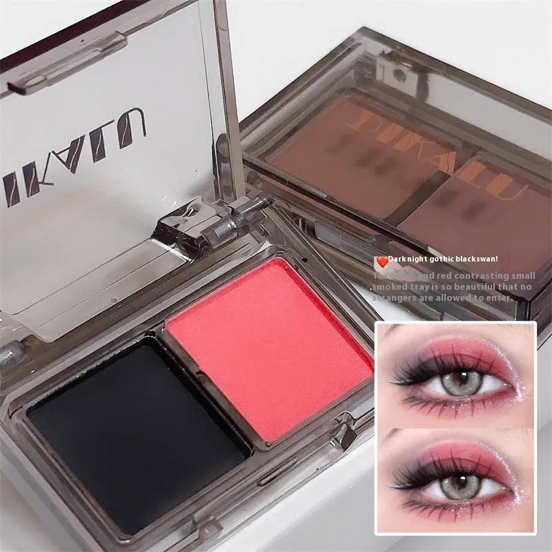 DIKALU two-tone eyeshadow compact showing pink and black shades with matte and shimmer finishes.