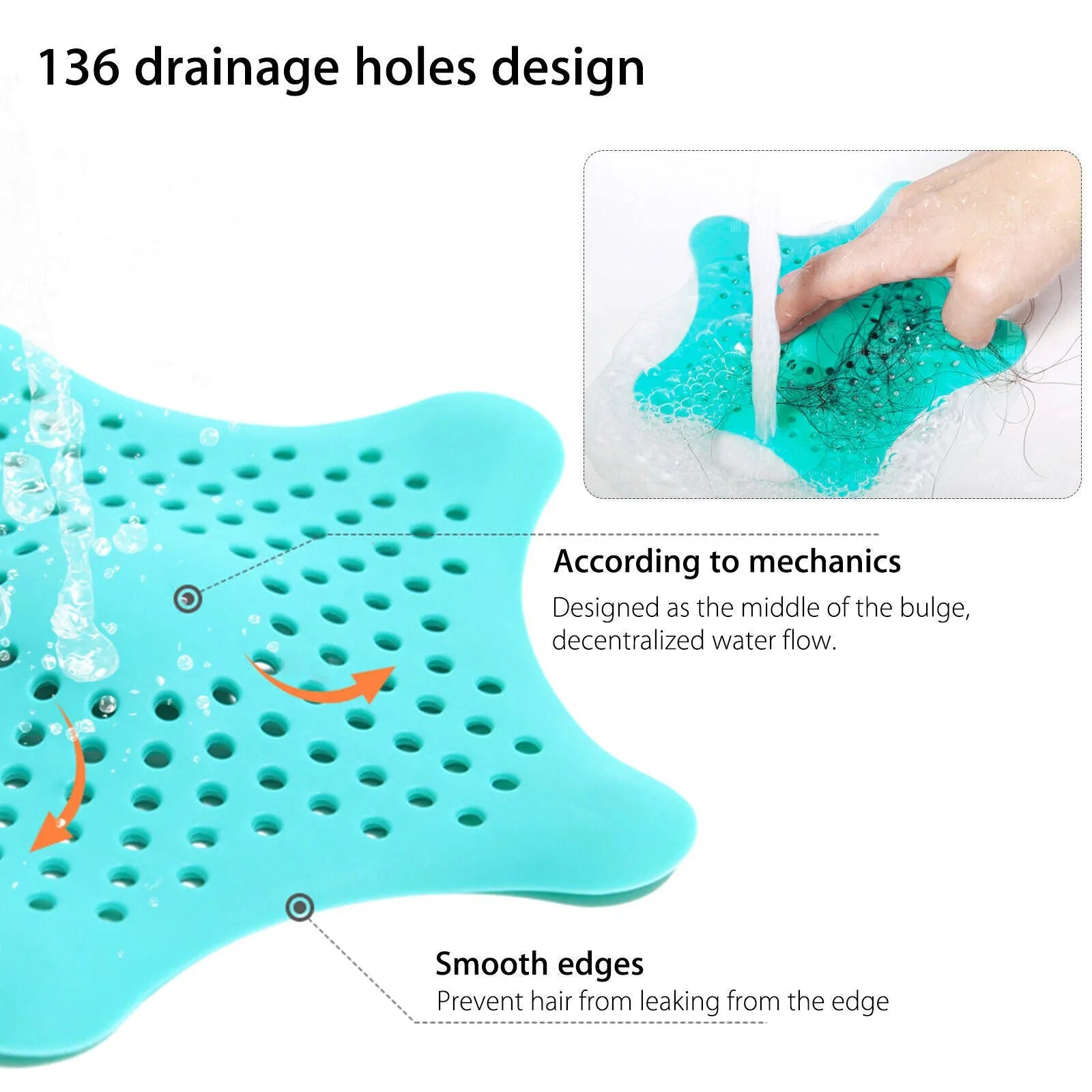 Three starfish-shaped TPR sink drain filters in blue, green, and white on a bathroom sink