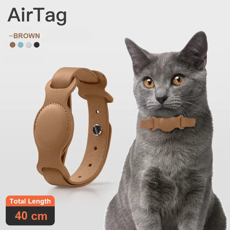 Leather pet collar AirTag holder in misty blue, adjustable 40cm, with silicone lining for anti-scratch protection