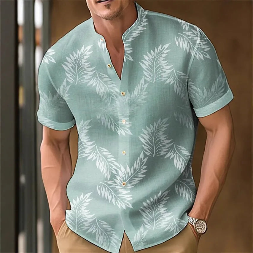 Men's printed casual short sleeve shirt on a hanger, showing one of eight available colour options.