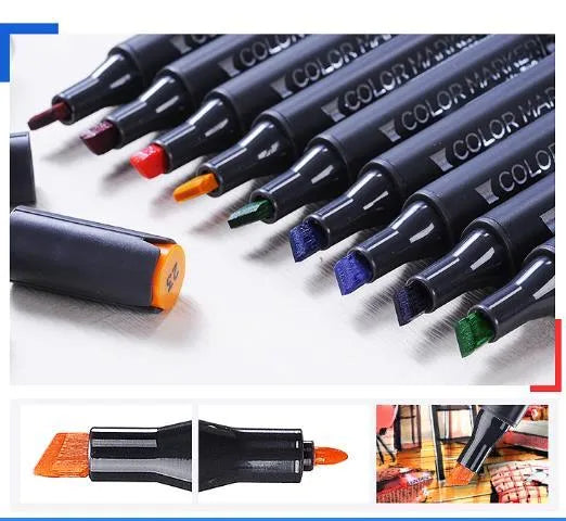 Set of double-headed alcohol oily colour markers with round and inclined nibs for professional art and design work.