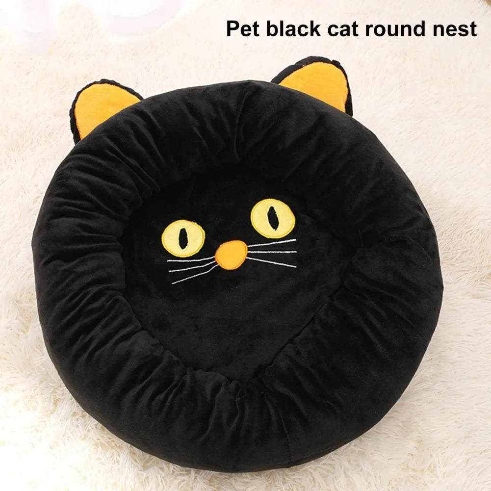 Black cat shaped velvet pet nest bed with raised edges for head support