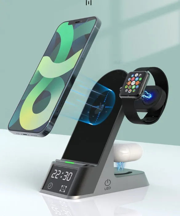 Black multifunctional alarm clock with wireless charging pad, Apple Watch dock, and USB-A port on bedside table.