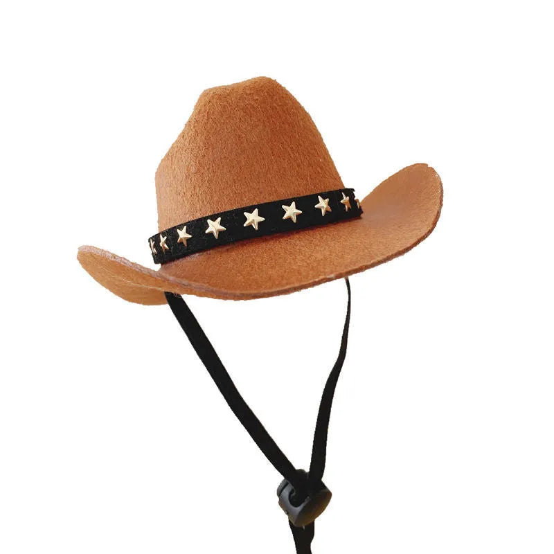 British-style brown cowboy hat for cats with star velvet belt trim