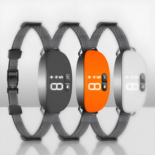 Bark Stopper plastic dog collar in black white and orange for barking prevention