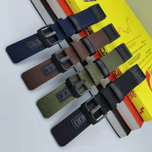 Oxford cloth canvas watch strap shown in multiple colours including army green and black, with size options displayed.