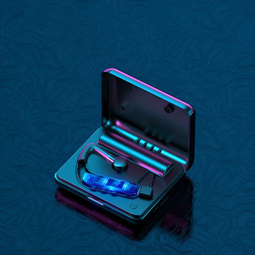 Black Bluetooth hanging-ear earphones with silicone ear caps, shown alongside charging cable and additional ear cap sizes