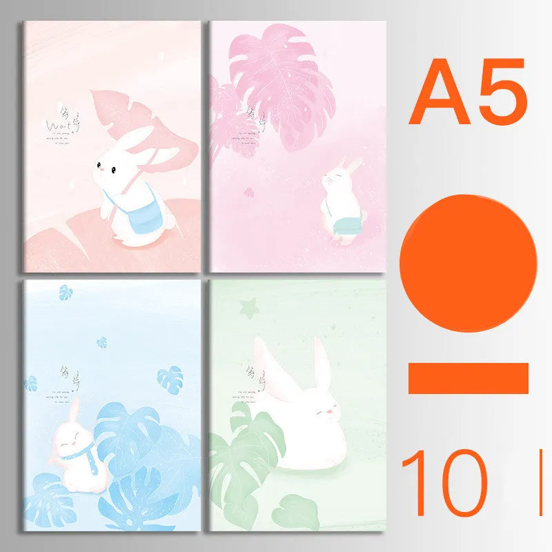Pack of ten thread-bound A5 and B5 softcover notebooks showing multiple design styles including kraft paper and illustrated covers.