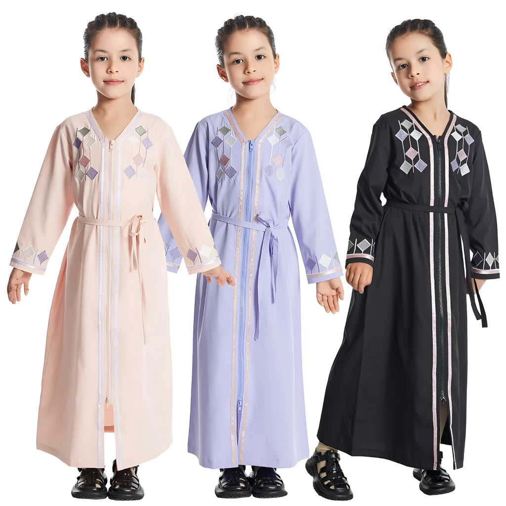 Southeast Asian girls embroidered dress in flounced skirt style, available in black, pink, and purple
