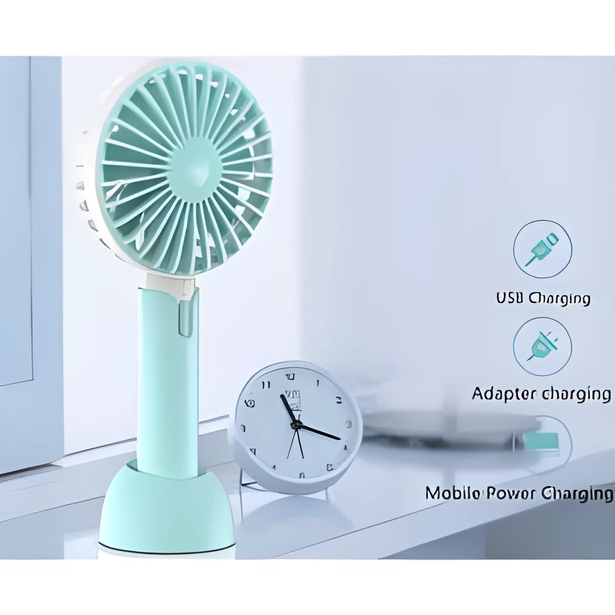 Blue mini USB electric fan with oscillation feature and three-speed control for desktop or handheld cooling
