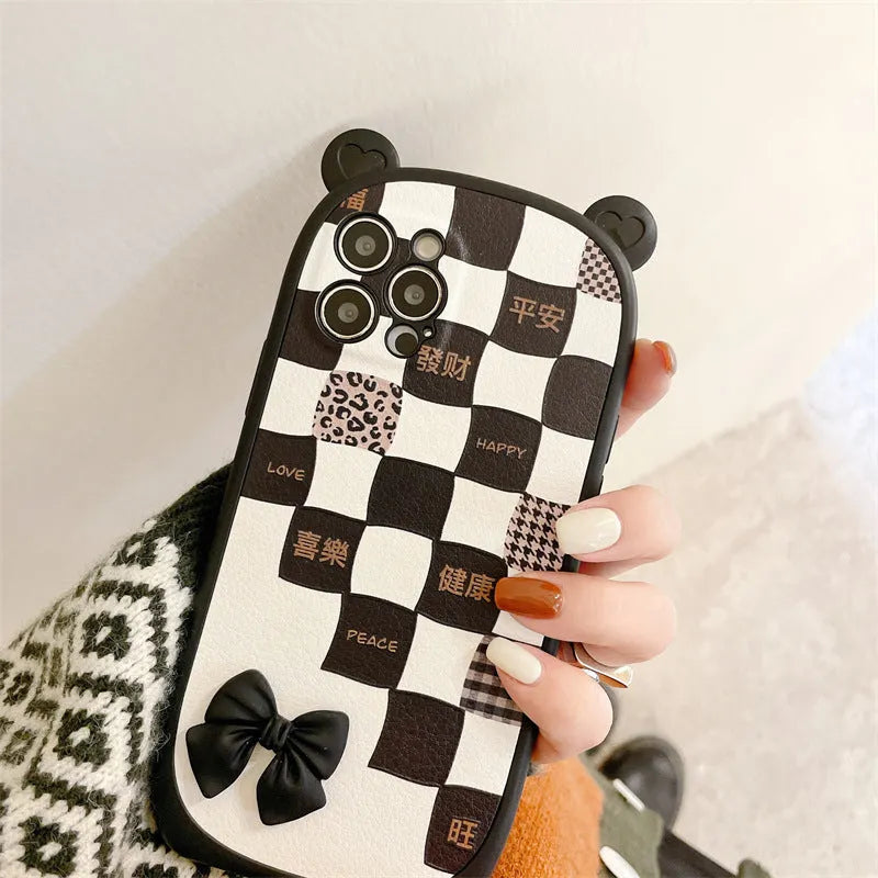 Black and white lattice bow silicone phone case for iPhone, protective shell style