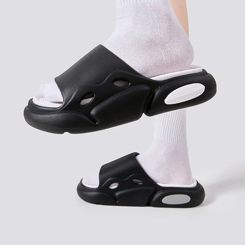 Women's thick-soled EVA couples slippers in two-colour designs with leather lining