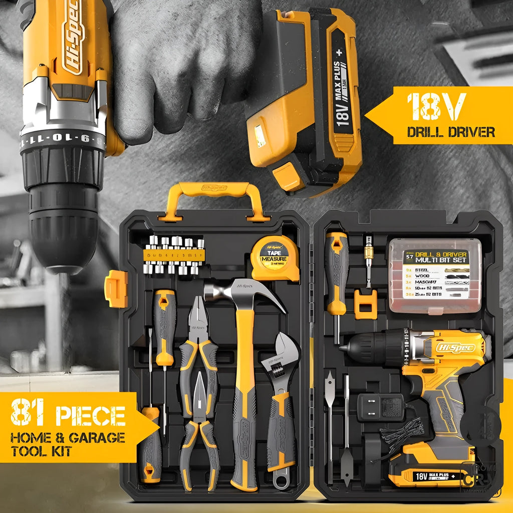 Grey yellow US style tool combo set with 82 chrome-vanadium steel pieces for furniture installation.