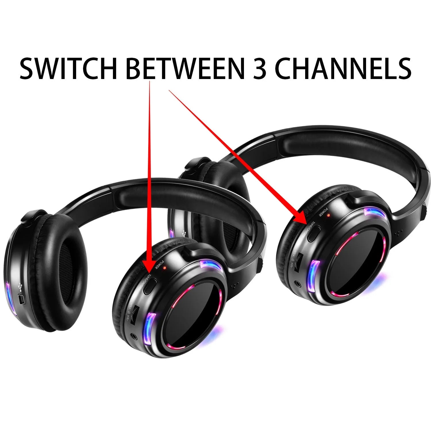 Black silent disco wireless headphones showing head-mounted design and 3.5mm plug.