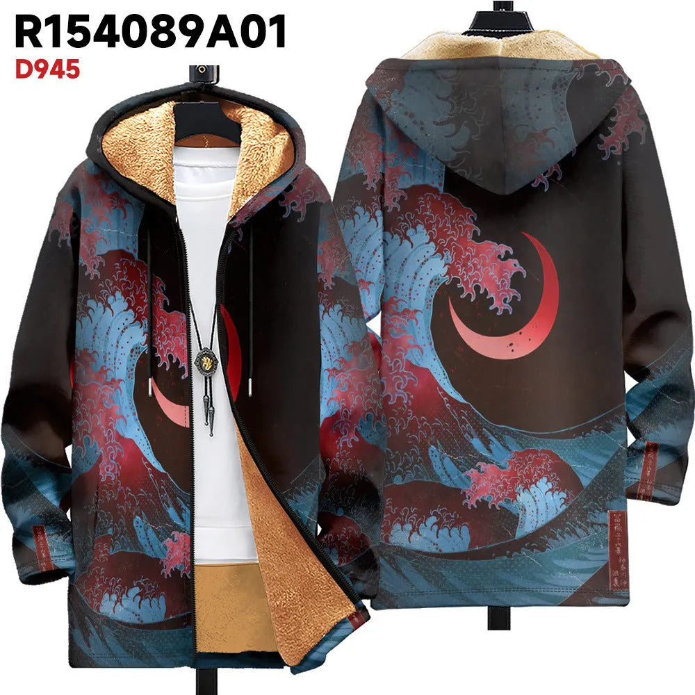 Man wearing a multicolour digitally printed hooded cardigan with a zipper front in a loose fit.