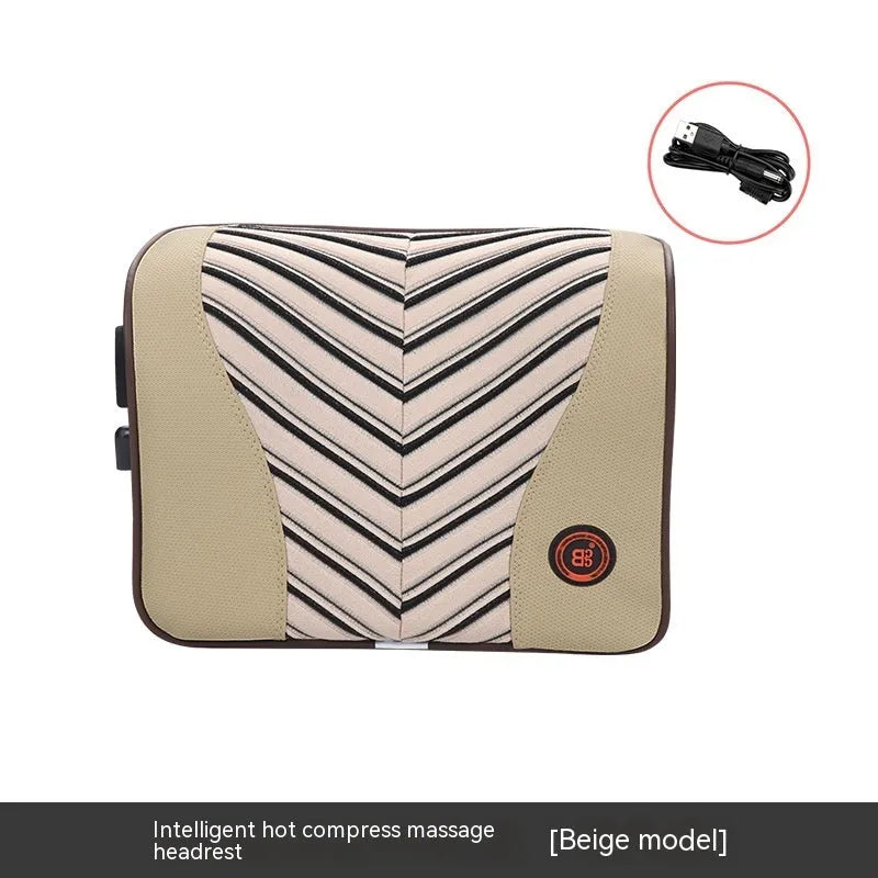 Black and orange electric heating massage car headrest and lumbar support cushion on a car seat.