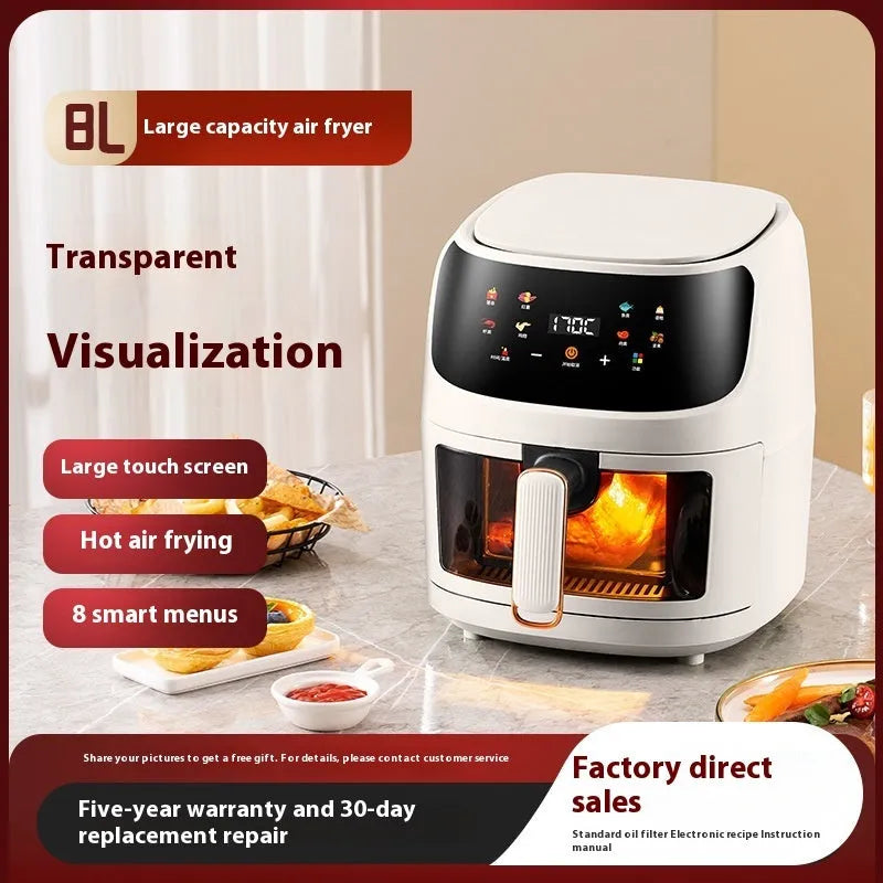 Home 8L black air fryer with colour touch screen, electric hot air convection, and automatic power-off on countertop