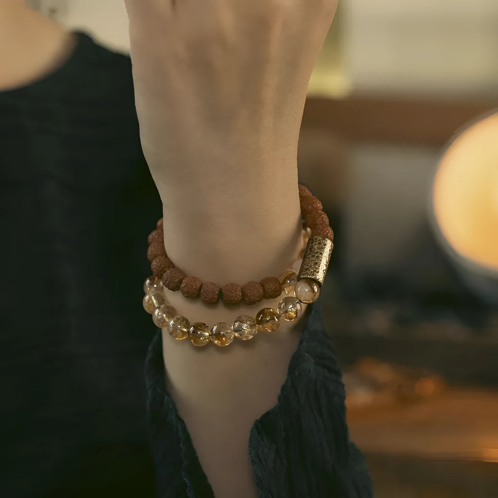 Retro-style double circle LCD bracelet showing natural citrine colour display on wrist
