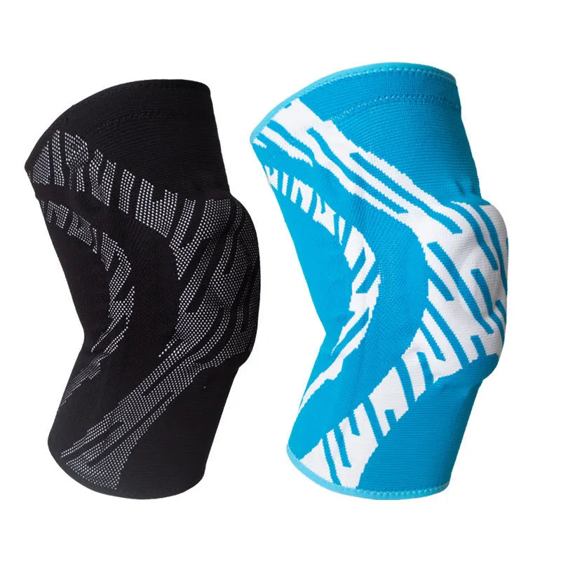 Men's black nylon basketball knee pad shown on a leg, sized for sport.