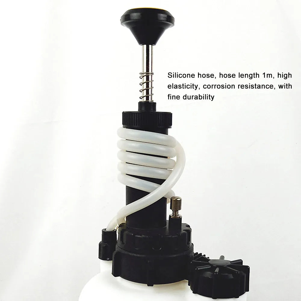 White 3-litre automobile brake oil tank replacement tool made from copper, iron, and plastic.