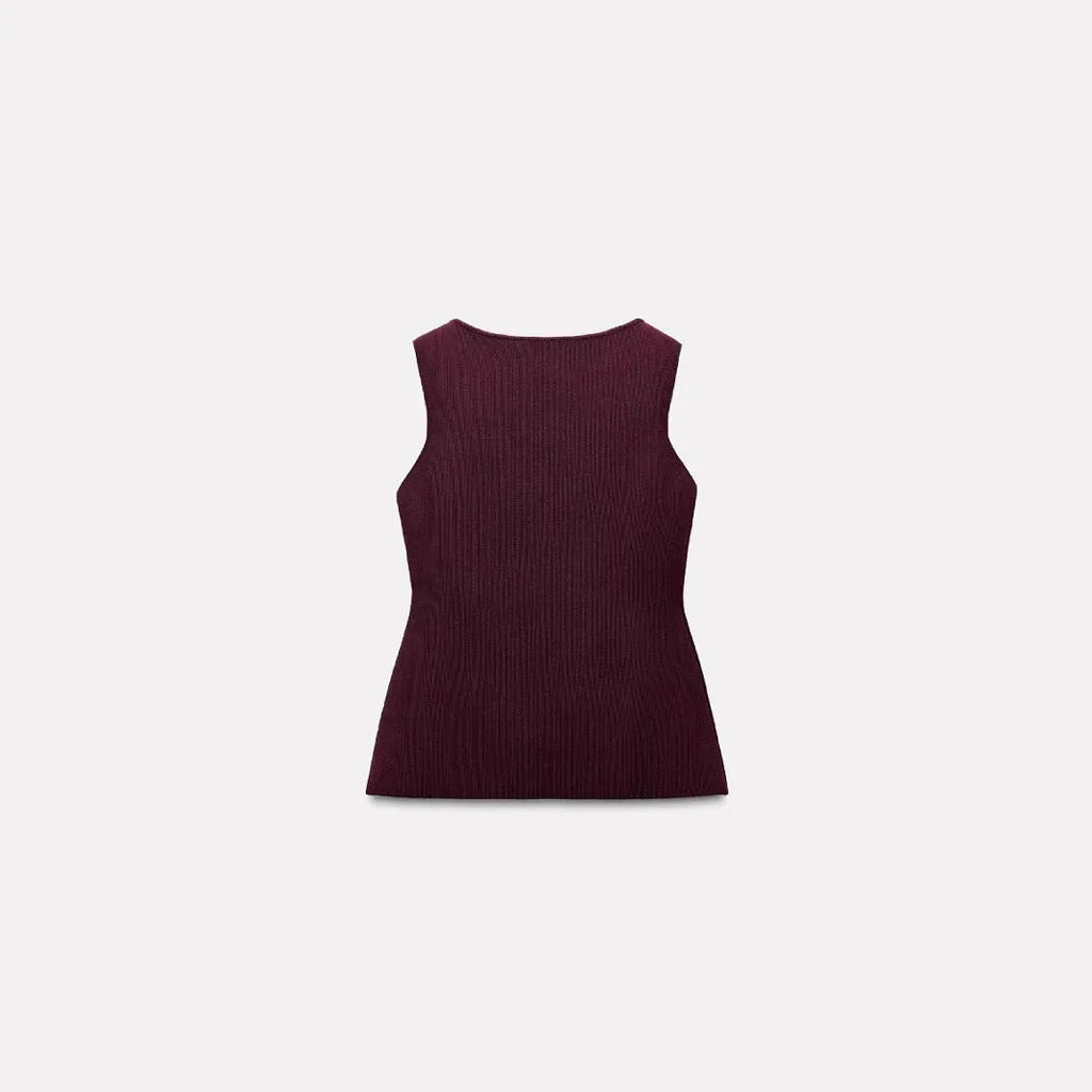 Dark red slim fit sweater vest with gold buttons and 3D pattern detail