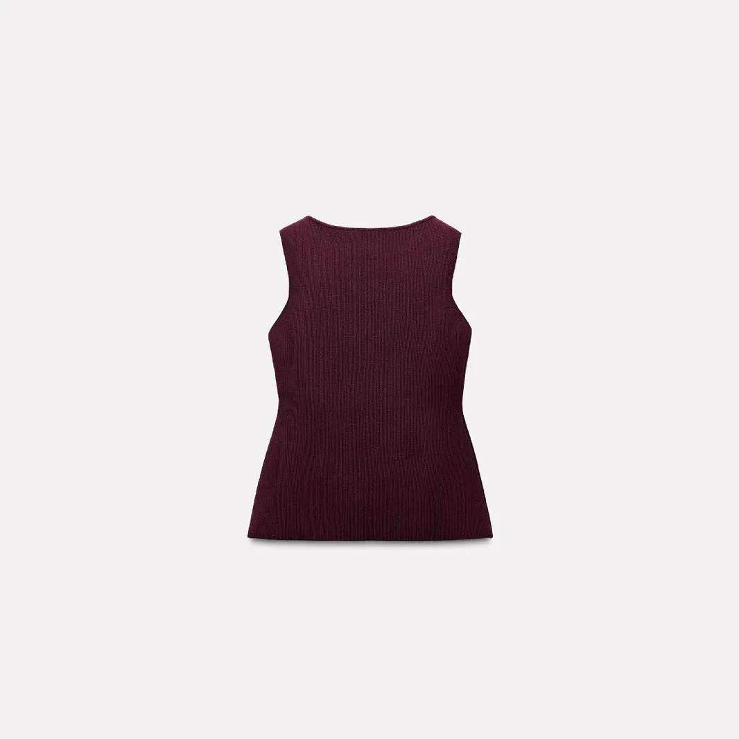 Dark red slim fit sweater vest with gold buttons and 3D pattern detail