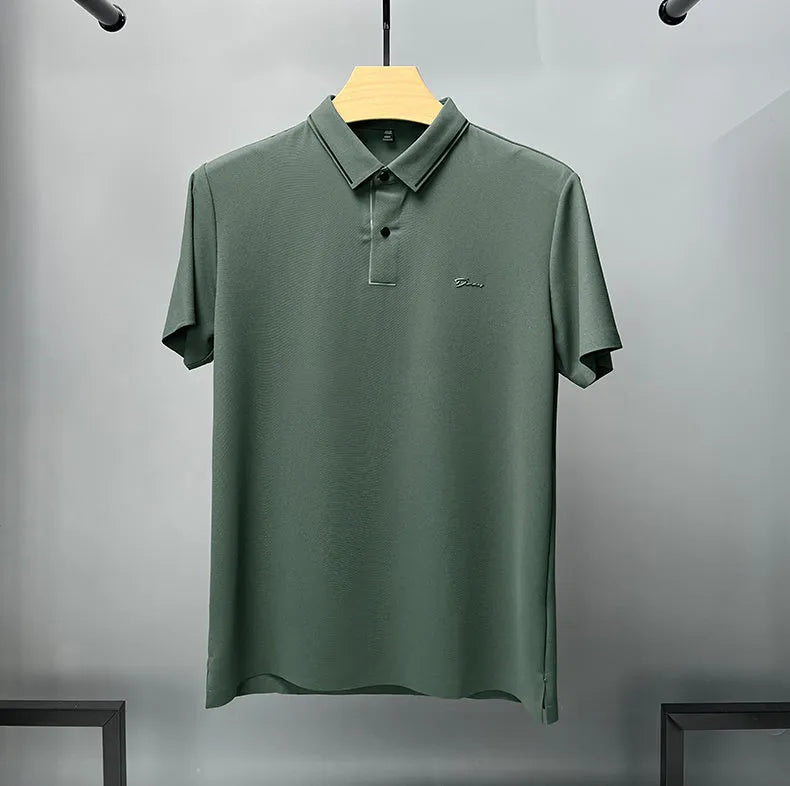 Men's ice silk short sleeve shirt collar summer polo shirt, loose fit, solid colour, nylon fabric, casual top