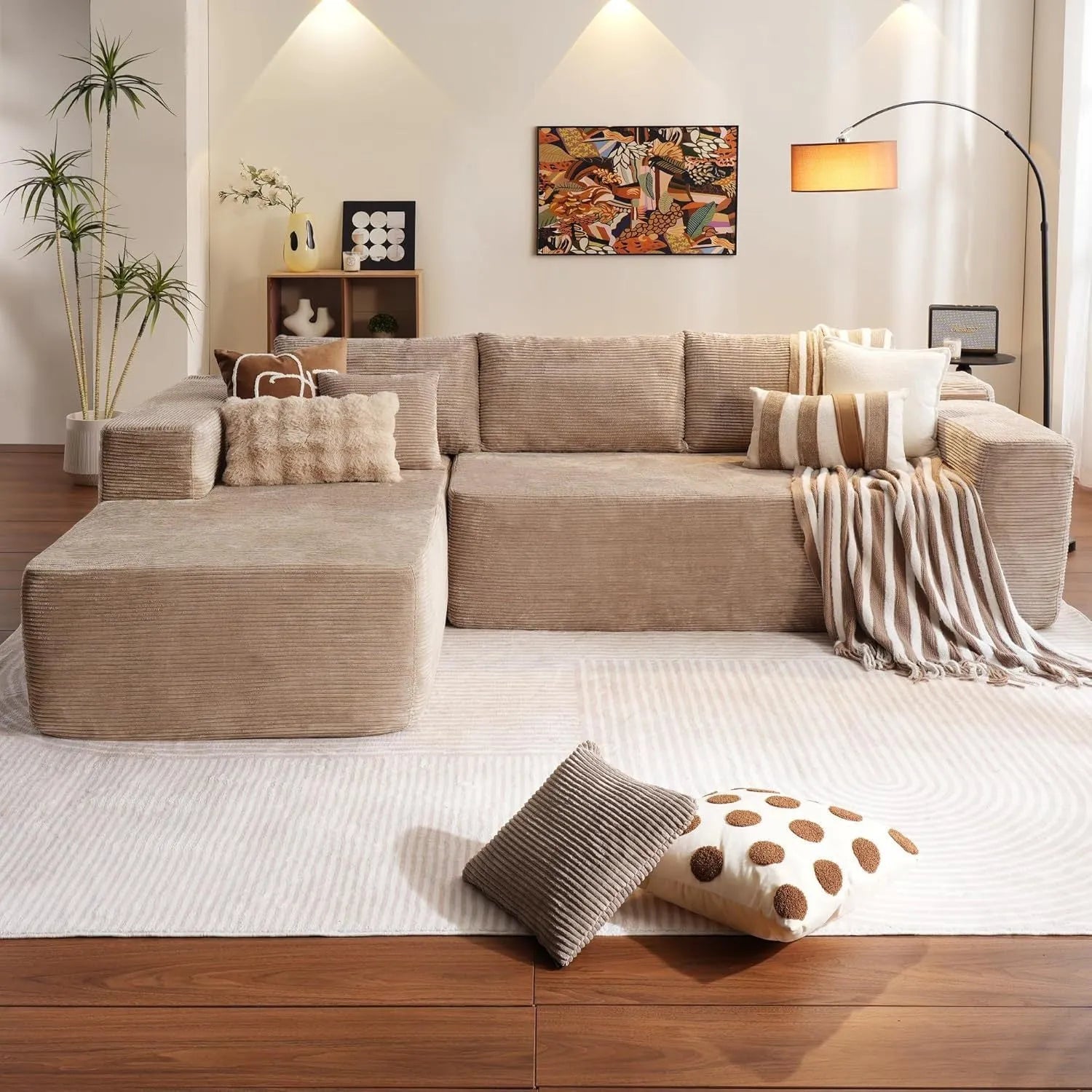 Modern minimalist flannel sofa in beige with clean lines suitable for living room or office setting