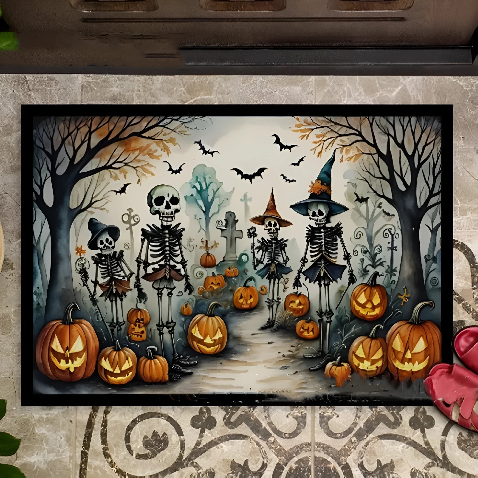 Halloween cartoon printed polyester fibre floor mat in black square shape for porch or entryway