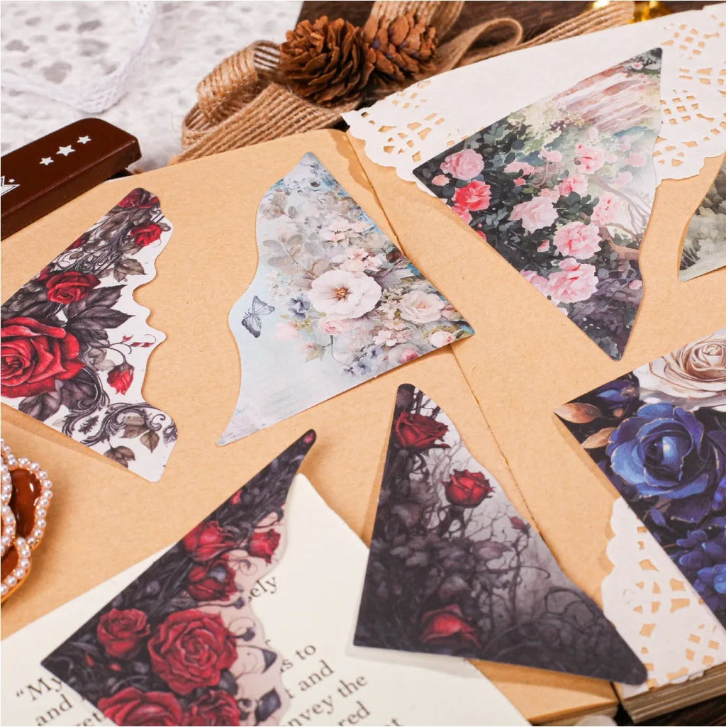 Set of colourful bookmarks with spring vine, pink plum, red rose, blue, green wild, and purple dew designs