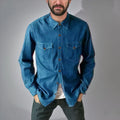 Denim cardigan coat in black, regular fit cotton fabric, front view on model