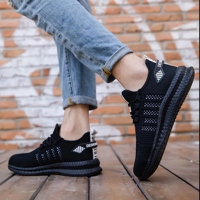 Men's steel toe work safety shoes breathable fly woven mesh low top black orange