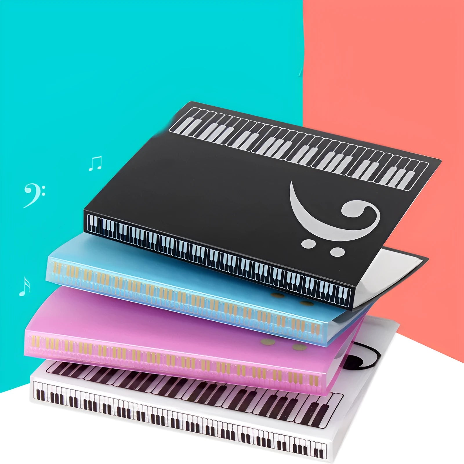 Black piano score folder with transparent plastic pages for holding sheet music.
