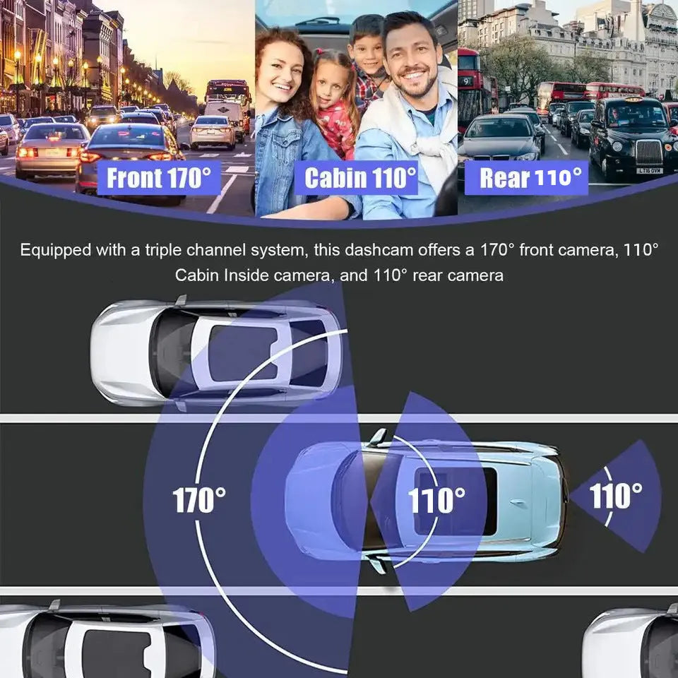Black triple-lens dashboard camera with 3.0 inch screen for vehicle installation