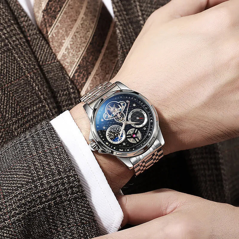 Men's automatic waterproof watch with luminous hands on a black dial with steel bracelet.