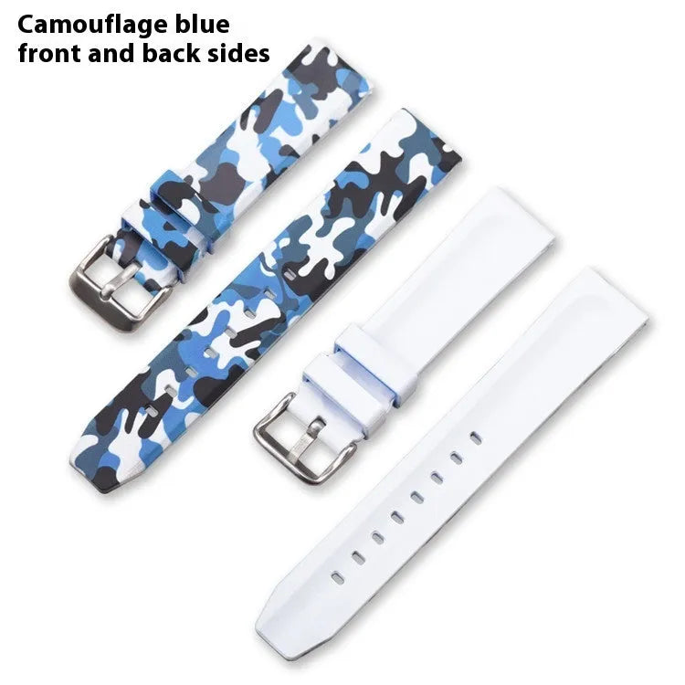 Green camouflage silicone watch strap for flat head watches, shown next to blue and grey pattern options