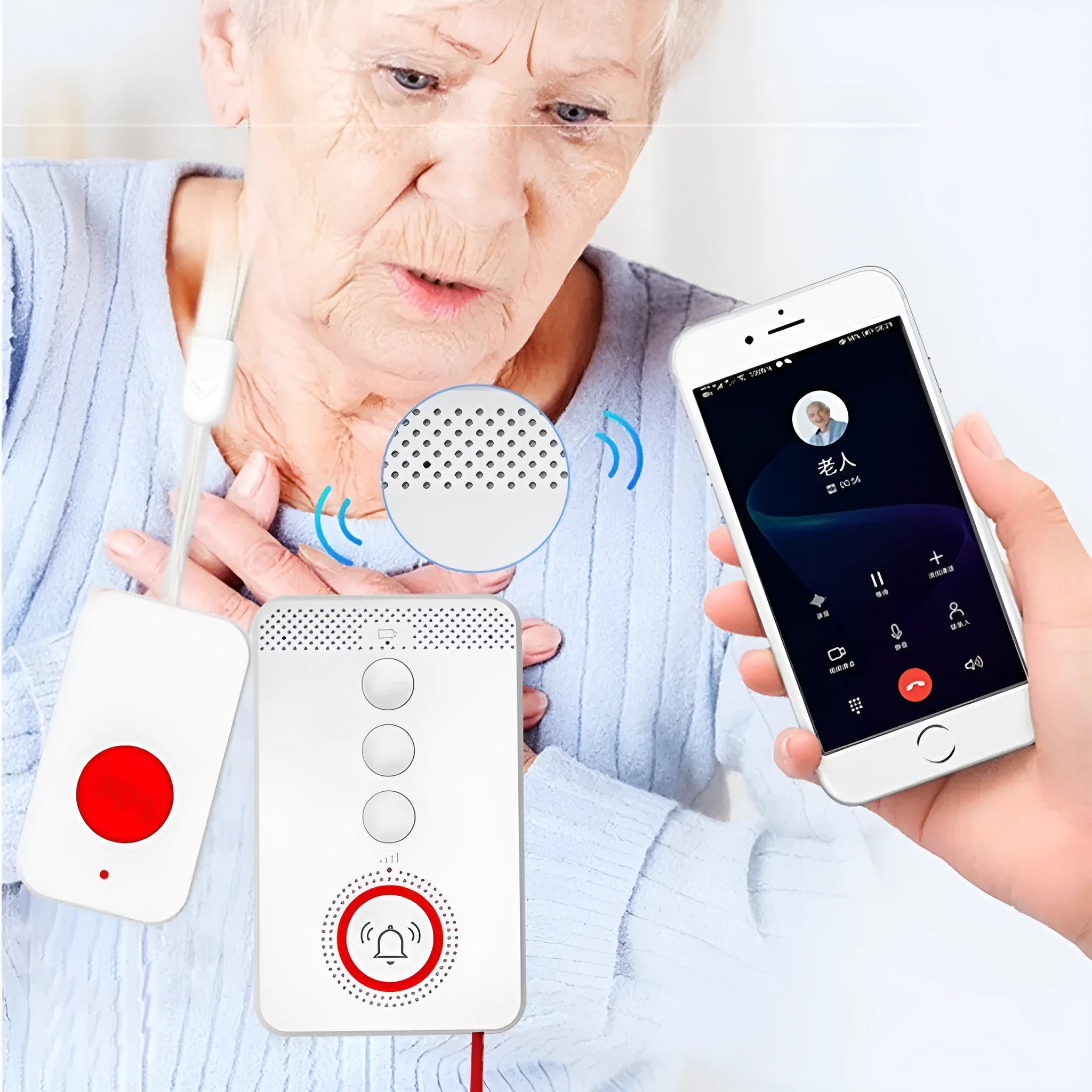 White one-click voice emergency alert device with a main buzzer unit and three portable call buttons.