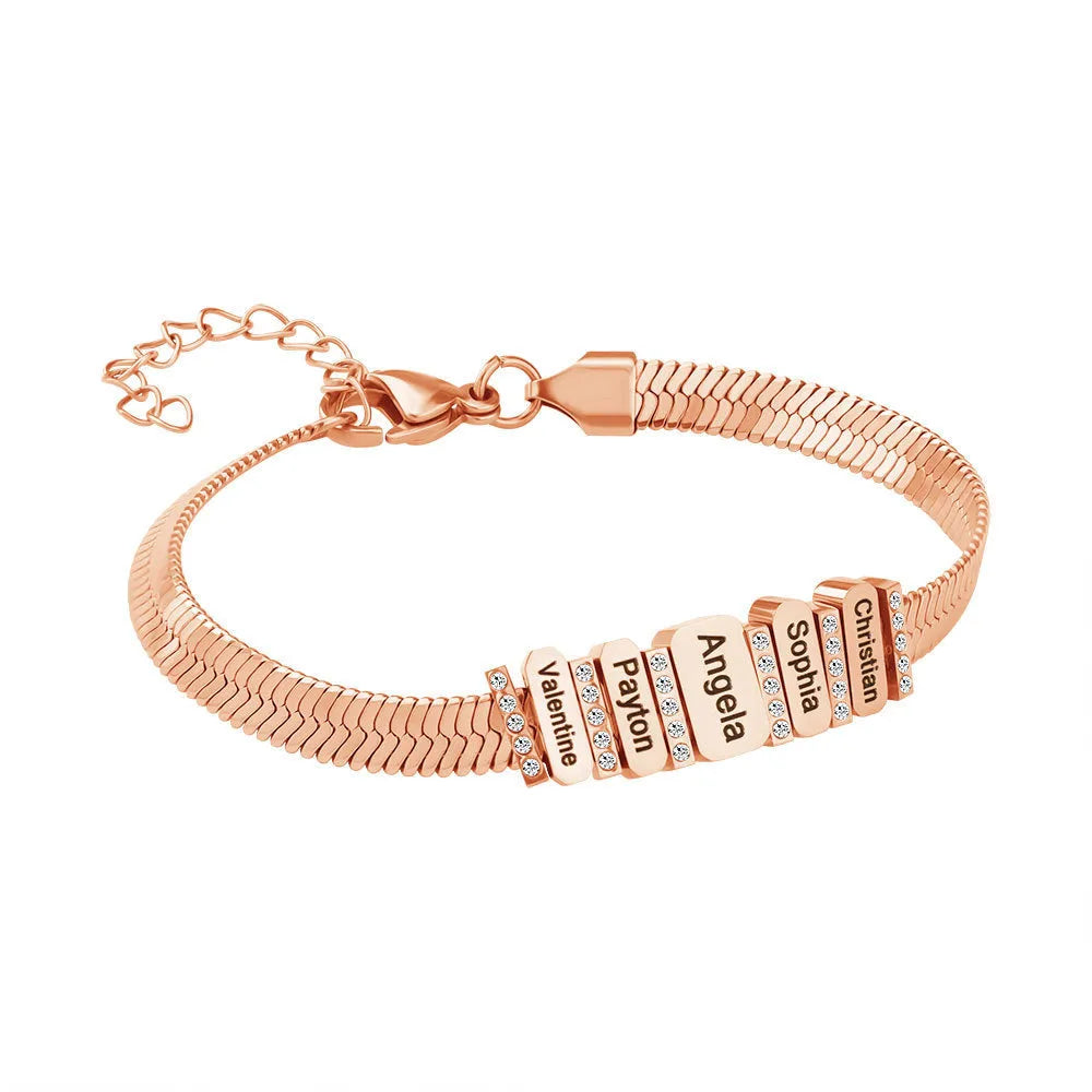 Custom names beaded stainless steel bracelet in steel colour with engraved beads