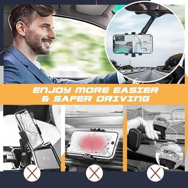 Black rearview mirror car phone holder with rotating head and four gripping claws extended.
