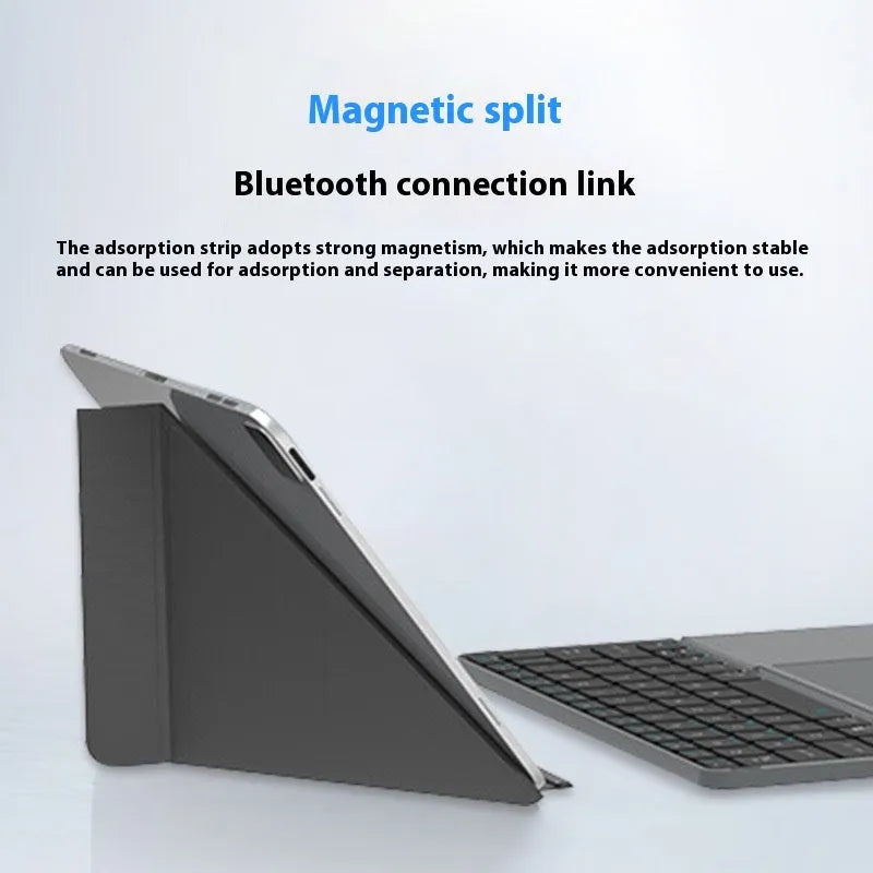 Grey wireless Bluetooth folding keyboard shown open and folded for use with phones and tablets
